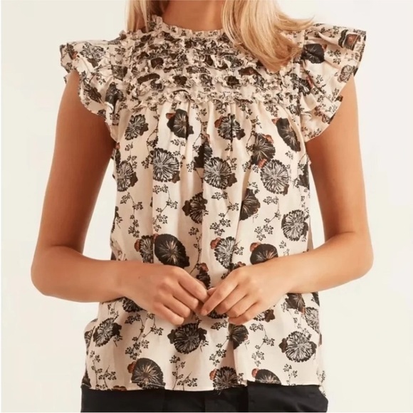 Ulla Johnson Erin Top Gardenia Floral Flutter Sleeve Size 4 Viscose Cotton Blend - Picture 1 of 16